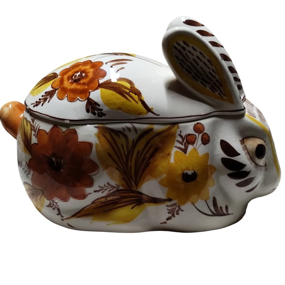 Vintage SECLA Portugal Bunny Covered Dish‎ Hand Painted Floral Rabbit